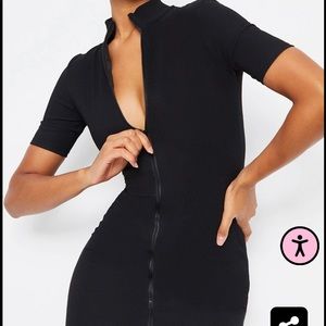 Black Zip Front Rib Short Sleeve Bodycon Dress size 0 XS